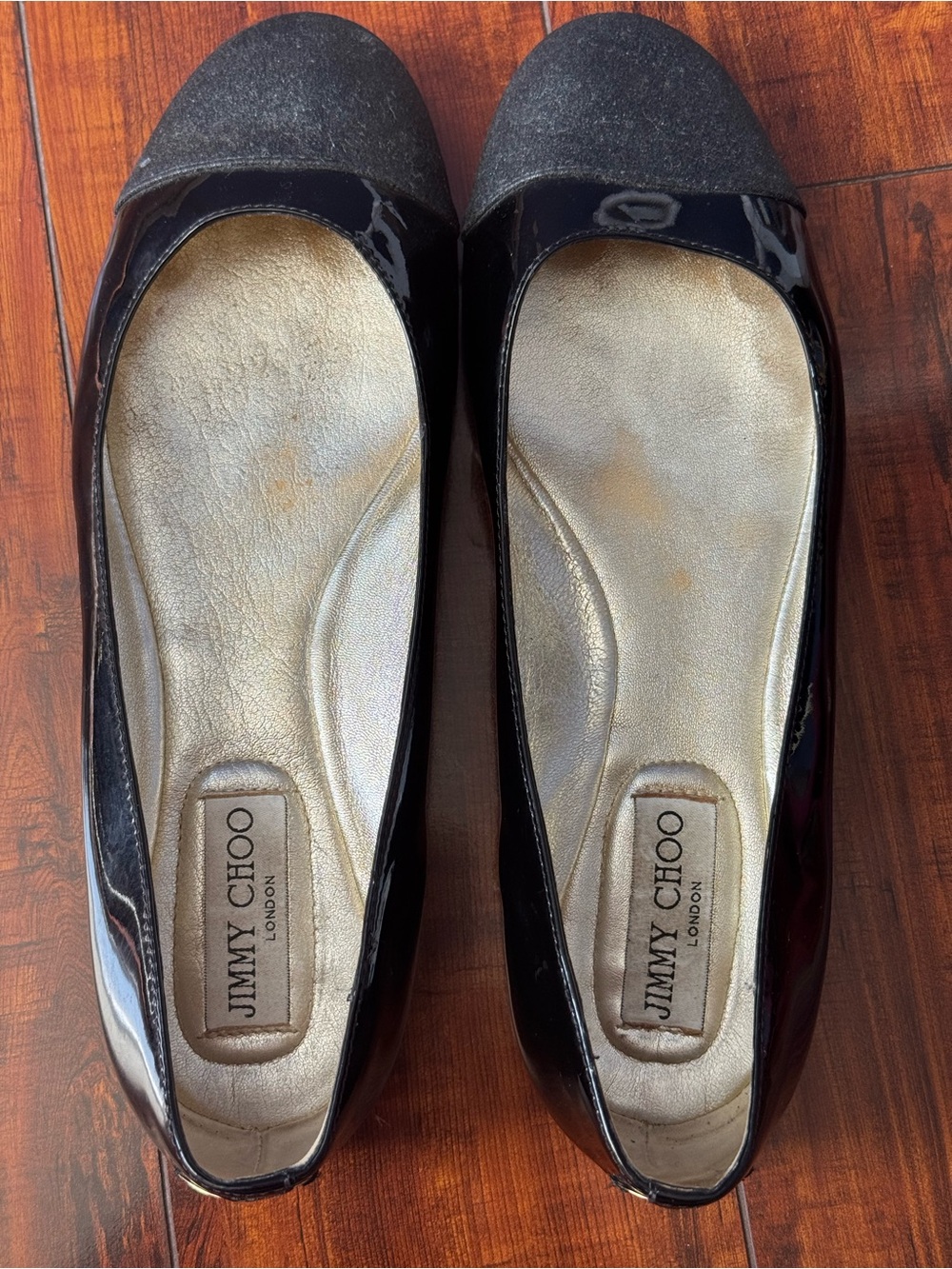 Jimmy Choo Black Patent Flats with Glitter Cap Toe